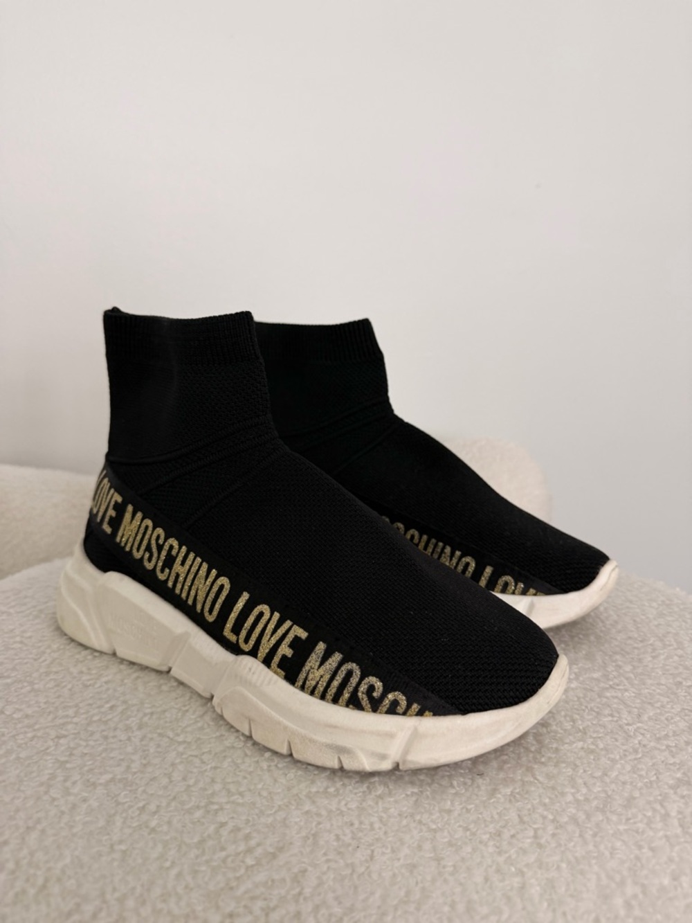Love Moschino Black Knit Sock Sneakers with Gold Logo
